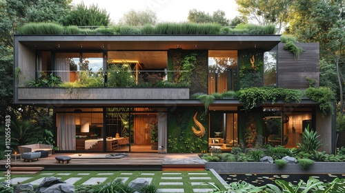 Modern eco-friendly house with green roof, lush garden, and large windows.