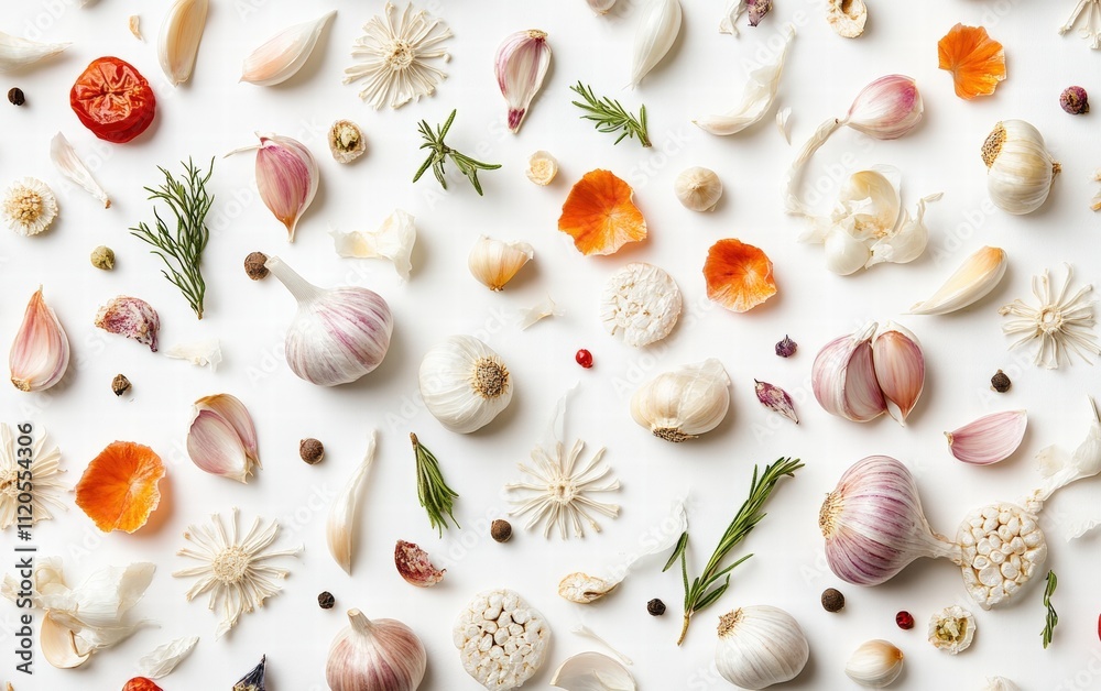 Whole garlic bulbs and peeled cloves arranged simply on white background Whole garlic bulbs and peeled cloves arranged simply on white background