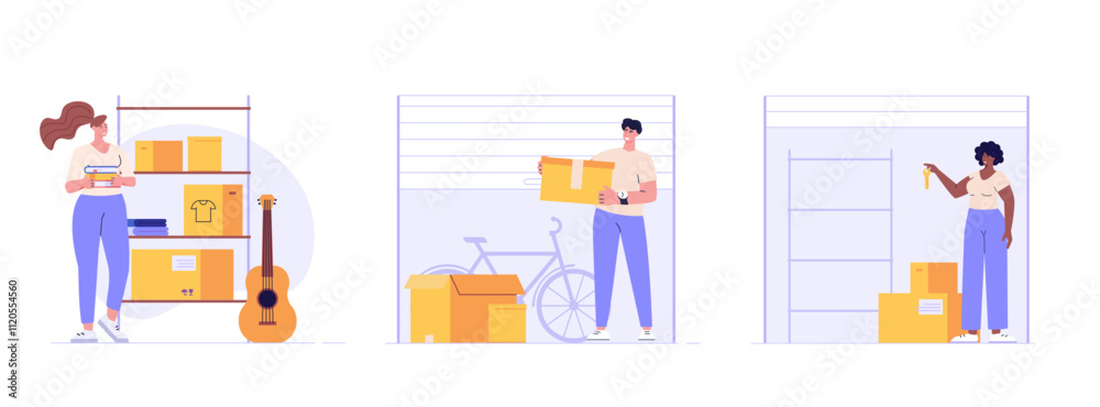 People keeping personal items and boxes in self-storage units. Characters and elements set. Collection of self storage unit, small mini warehouse, rental garage. Vector illustration in flat design People keeping personal items and boxes in self-storage units. Characters and elements set. Collection of self storage unit, small mini warehouse, rental garage. Vector illustration in flat design