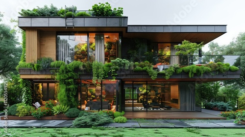 Modern eco-friendly house with lush green roof and garden.