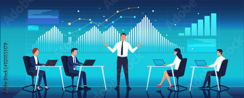 A business team in a meeting room analyzing charts on a screen, with a presenter. Blue background. Concept of teamwork and data analysis. Vector illustration.