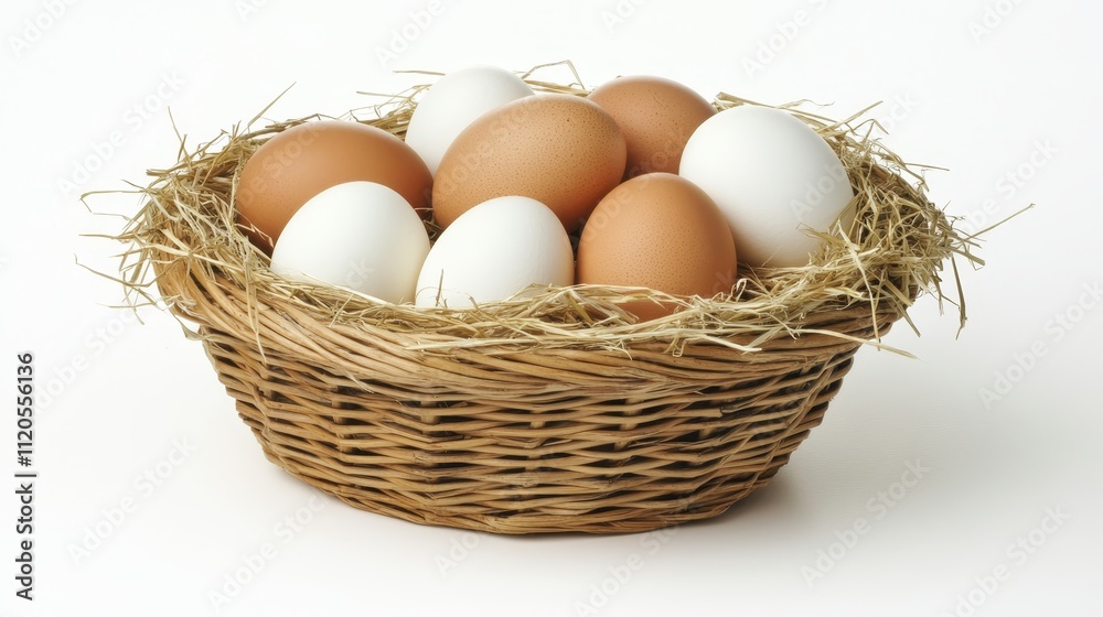 Wicker basket filled with brown and white eggs on straw bedding Wicker basket filled with brown and white eggs on straw bedding