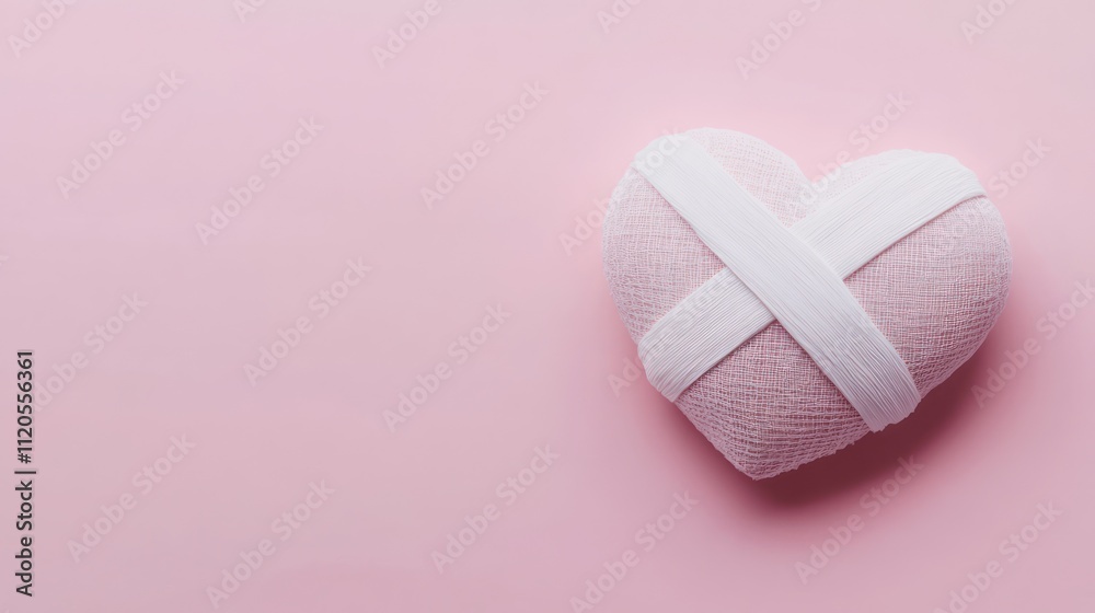 Broken heart concept with two halves bandaged together on a soft pink background, symbolizing unrequited love or healing Broken heart concept with two halves bandaged together on a soft pink background, symbolizing unrequited love or healing