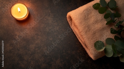 A neatly folded beige bath towel rests on a dark granite countertop, accompanied by a sprig of eucalyptus and a softly flickering tealight candle for a tranquil setting