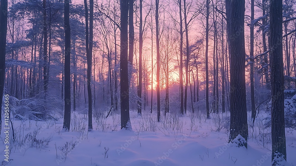 A beautiful sunset in a winter forest, capturing the serene beauty of the season.