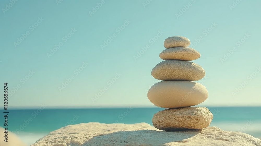 Tranquil balanced stones on a beach with clear blue sky and ocean backdrop Tranquil balanced stones on a beach with clear blue sky and ocean backdrop