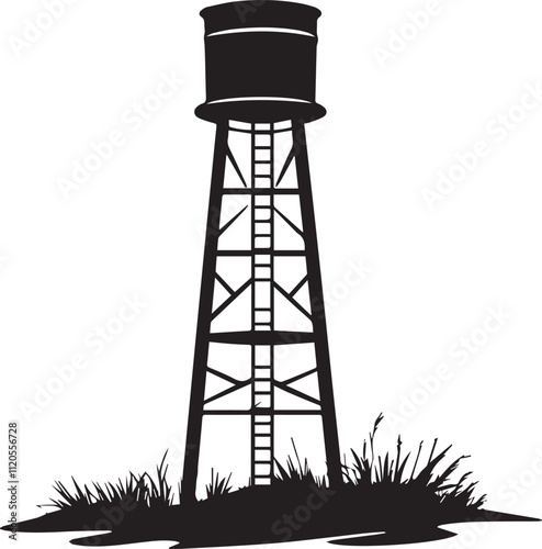 Silhouette of a water tank in field vector silhouette