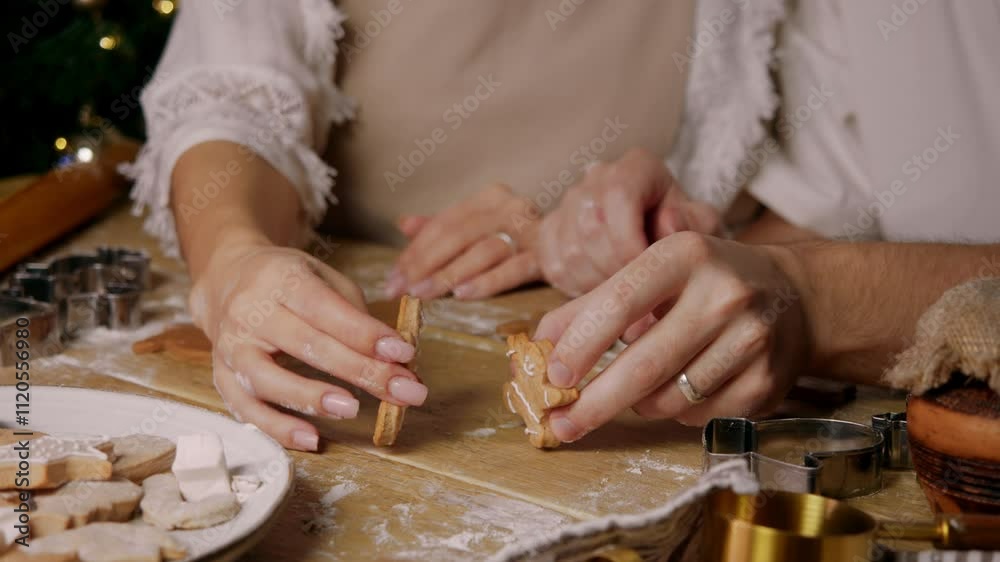 Couple in love are having fun and playing around at a festive Christmas table, using gingerbread men cookies. Couple in love are having fun and playing around at a festive Christmas table, using gingerbread men cookies.