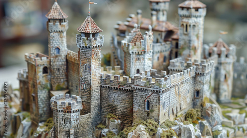 A hand-painted model of a medieval castle, with intricate textures and realistic colors photo