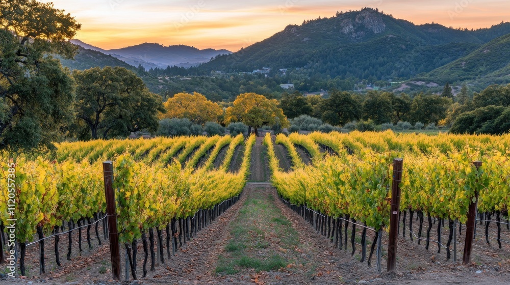 Fototapeta premium Autumn Vineyard Landscape at Sunset Golden Hues