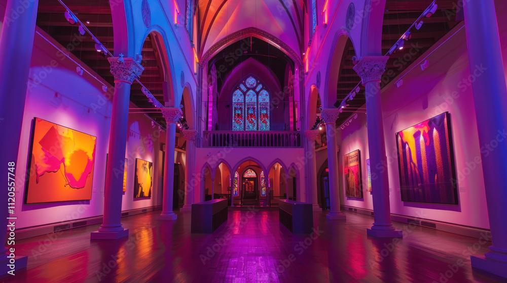 A historic church adapted into a contemporary art gallery, with dramatic lighting and bold contrasts A historic church adapted into a contemporary art gallery, with dramatic lighting and bold contrasts