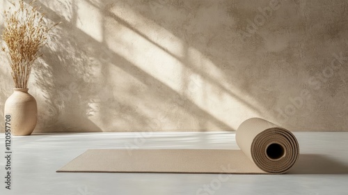 Minimalistic yoga mat and vase arrangement in sunlit room interior design