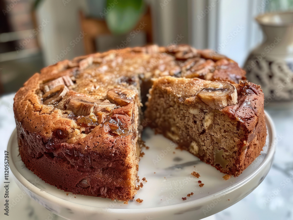 A homemade banana cake with a slice cut out, revealing its soft and moist texture A homemade banana cake with a slice cut out, revealing its soft and moist texture
