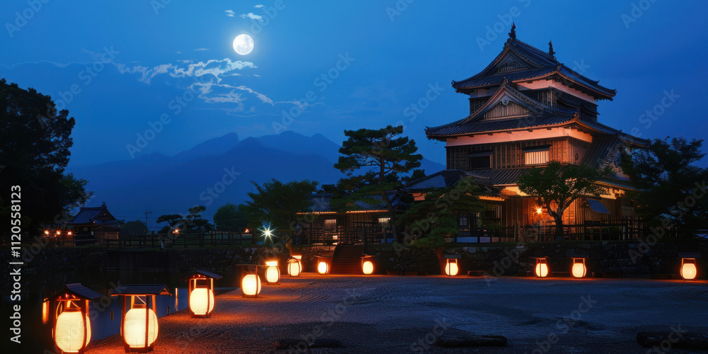 A Japanese castle at night, illuminated by lanterns and the soft glow of the moon A Japanese castle at night, illuminated by lanterns and the soft glow of the moon