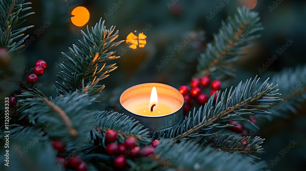 A close-up of a candle nestled in a spruce tree with berries, adding a warm and festive touch. A close-up of a candle nestled in a spruce tree with berries, adding a warm and festive touch.