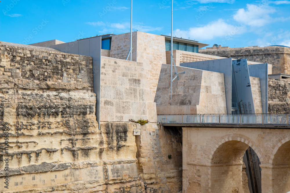 Valletta (il-Belt Valletta) massive fortification and city gate (Bieb il-Belt) city wall Xlokk South Eastern Region of Malta