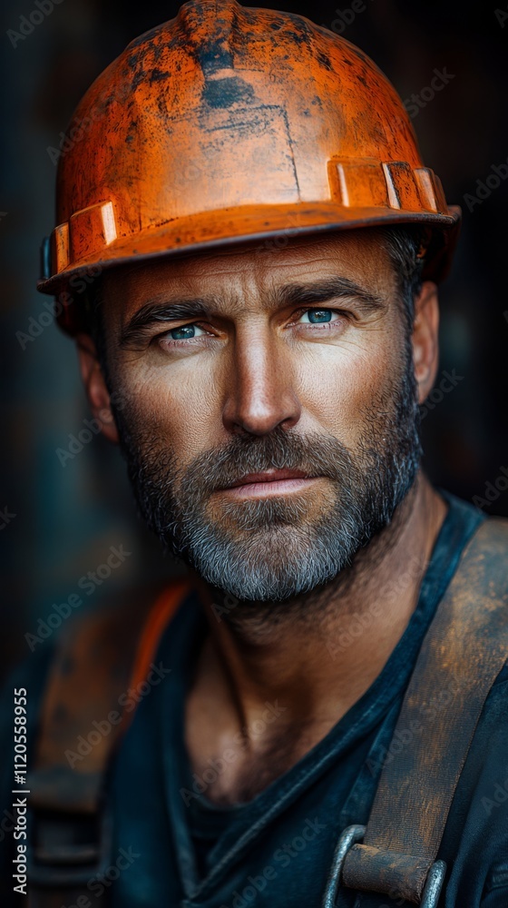 Portrait of a Rugged Construction Worker in Orange Helmet with Intense Gaze