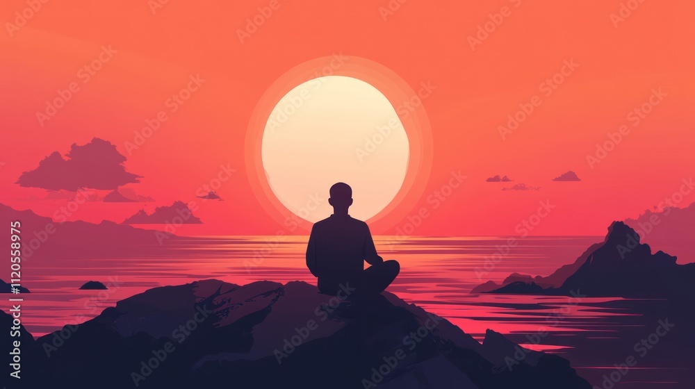 Silhouetted man meditates on coastal rocks at sunset. Silhouetted man meditates on coastal rocks at sunset.