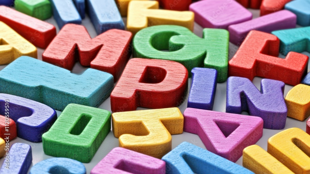 Colorful wooden letters scattered on a surface. Colorful wooden letters scattered on a surface.