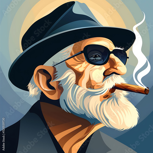 Vintage Poster Comic Style Older Man Smoking a Cigar photo