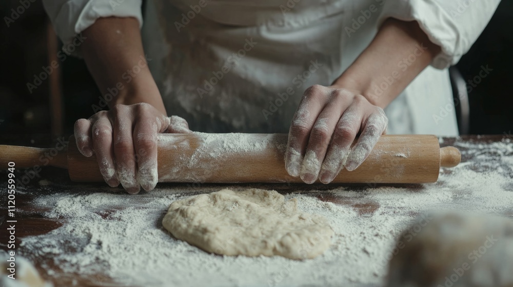 hands rolling out the dough with a wooden rolling pin, flour sprinkled on the surface, antique kitchen decoration generative ai hands rolling out the dough with a wooden rolling pin, flour sprinkled on the surface, antique kitchen decoration generative ai