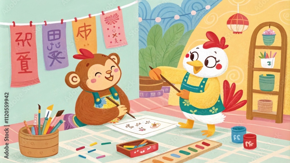 Obraz premium Artistic Expressions In a colorful art studio a crafty monkey and a wise hen are collaboratively painting traditional scrolls. Their laughter fills the air as they mix colors and