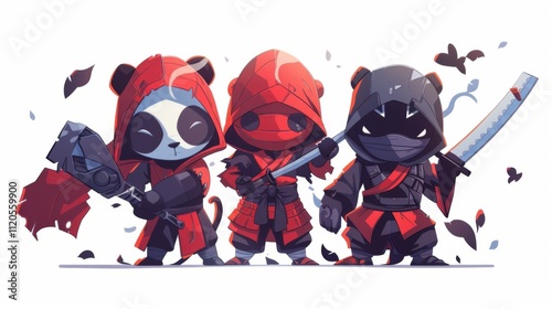 illustraction of techwear chibi panda ninjas robot mecha future JAPANESE VIBE detailed design for streetwaer and urban style t-shirts design photo