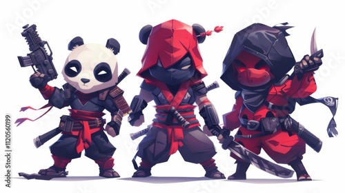 illustraction of techwear chibi panda ninjas robot mecha future JAPANESE VIBE detailed design for streetwaer and urban style t-shirts design photo