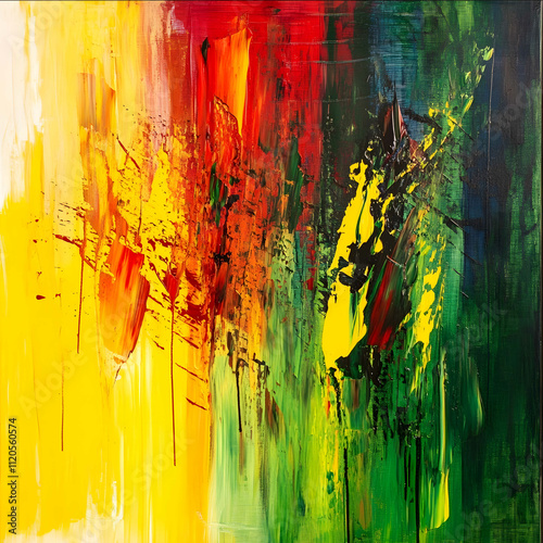 a painting that exudes good energy with artistic brushstrokes and a cheerful green yellow red Rasta vibes