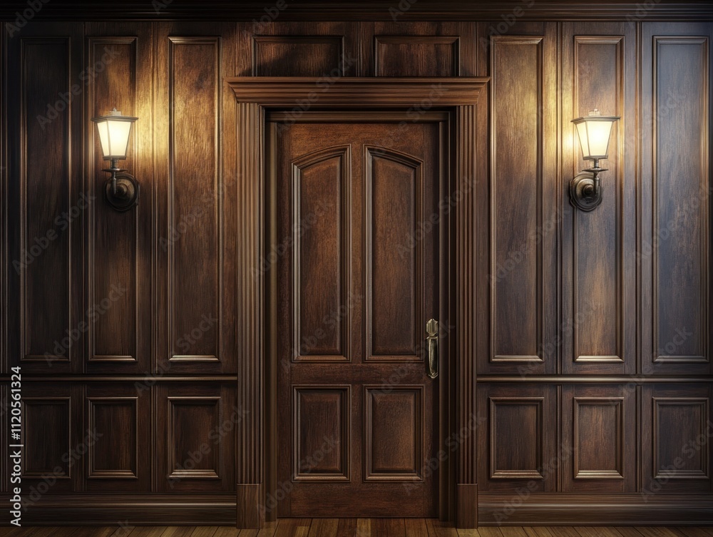 Dark wood paneled wall with closed door and sconces. Dark wood paneled wall with closed door and sconces.