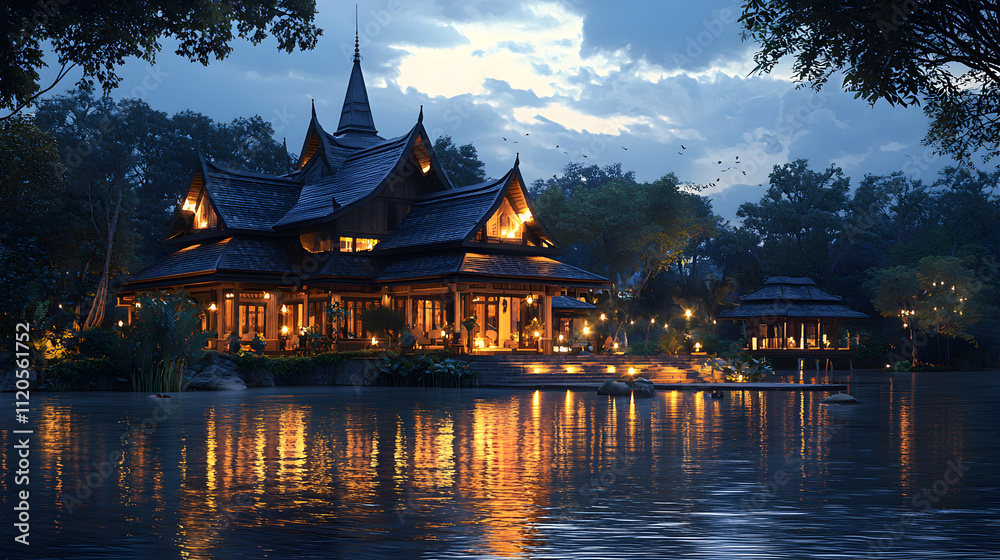 Luxurious Thai Villa on Lake at Dusk