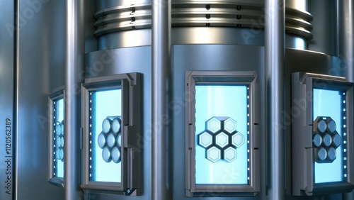 A large sleek metal reactor designed for chemical vapor deposition with glowing screens showing realtime monitoring of graphene growth processes. photo