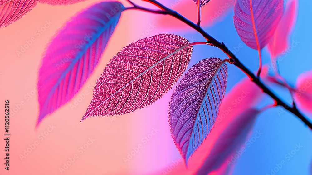 Obraz premium Close-up of vibrant pink and blue leaves on a branch against a blurred background.