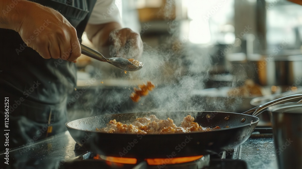 A chef skillfully cooking in a pan, with steam rising and ingredients being added. A chef skillfully cooking in a pan, with steam rising and ingredients being added.