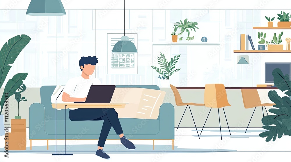 Man working on laptop at home, surrounded by plants and natural light. Man working on laptop at home, surrounded by plants and natural light.