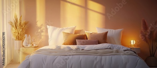 Stylish bedroom mockup featuring a large bed, decorative pillows, and soft lighting against a pastel wall