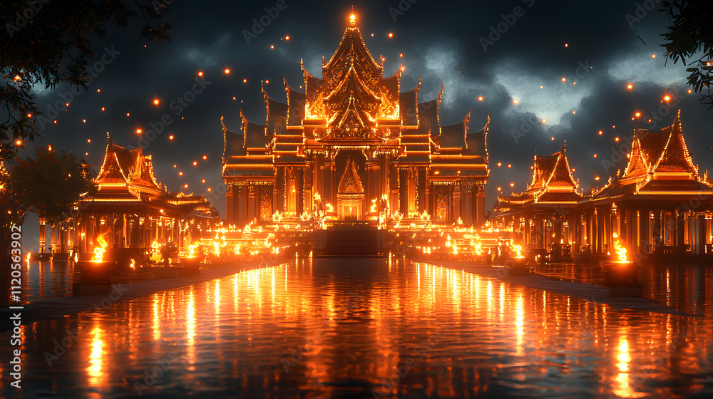 Obraz premium Golden Temple Night Reflection Illuminated Asian Architecture