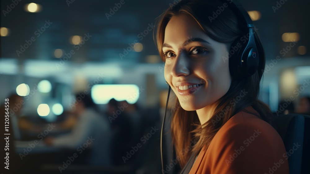 Professional woman with headset smiling in a modern office environment Professional woman with headset smiling in a modern office environment