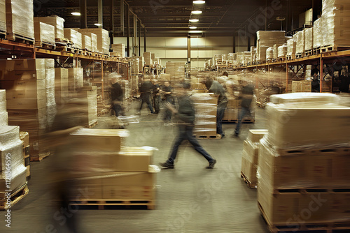 Blurred workers move swiftly in bustling warehouse, organizing shipments and handling deliveries