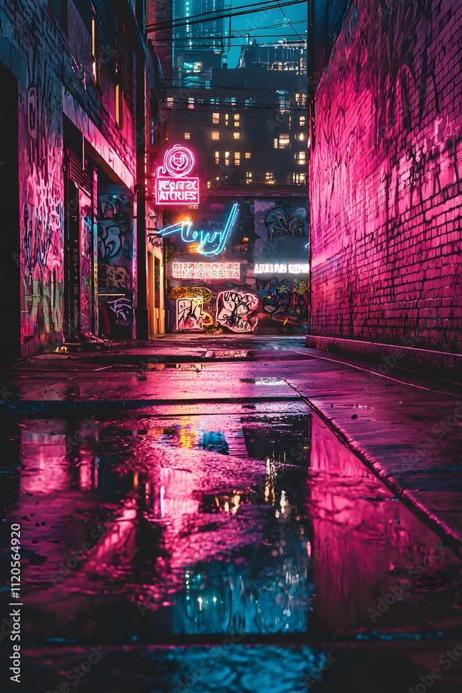 Obraz premium Vibrant Neon Signs Illuminate Urban Alley with Colorful Patterns
