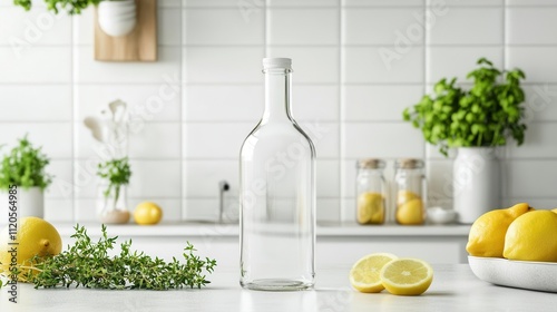 A clear bottle surrounded by lemons and herbs on a kitchen counter.