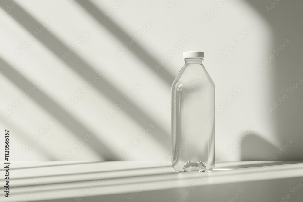 A clear plastic bottle stands on a surface, illuminated by soft shadows. A clear plastic bottle stands on a surface, illuminated by soft shadows.