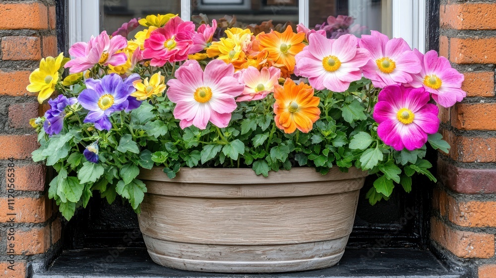 Vibrant flowers in a planter by a window. Vibrant flowers in a planter by a window.