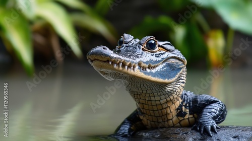 Young crocodile resting on a branch in the water