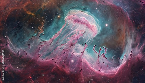 Cosmic Jellyfish Nebula: A Glowing Nebula Shaped Like a Jellyfish with Luminous Tendrils of Gas