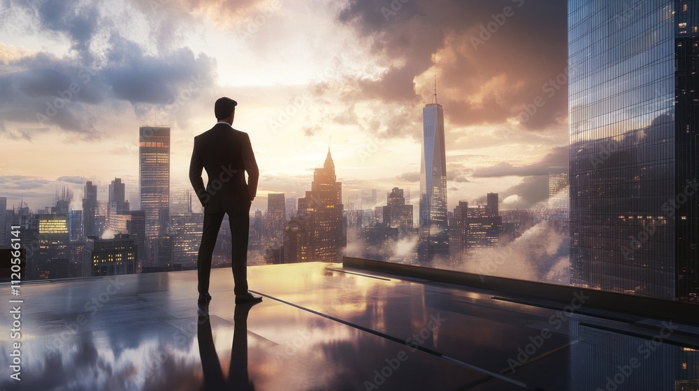 A businessman in a sharp suit, standing on a rooftop terrace, overlooking the city skyline, deep in thought. A businessman in a sharp suit, standing on a rooftop terrace, overlooking the city skyline, deep in thought.