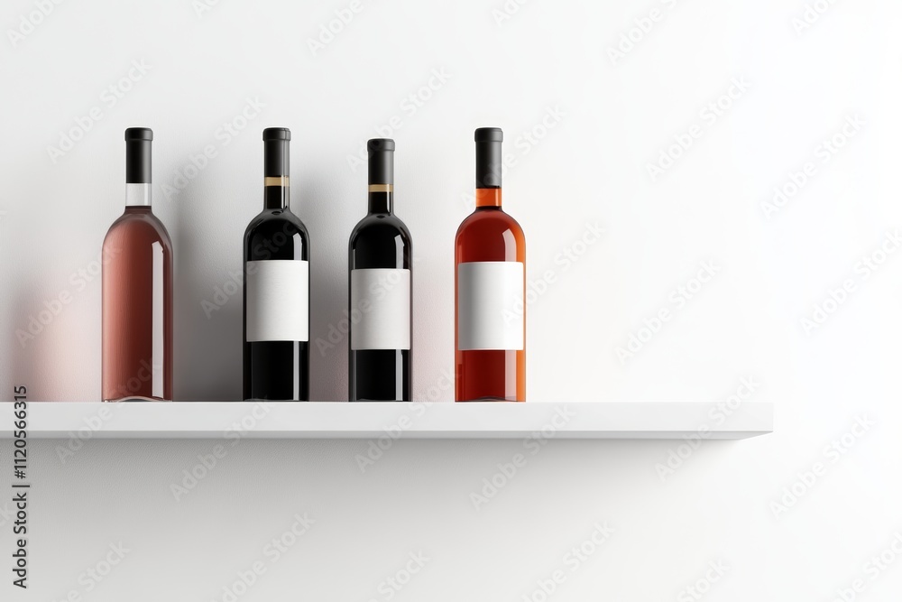 Four bottles of wine are lined up on a shelf