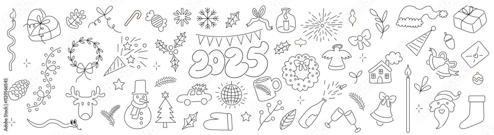 Obraz premium Big set of Christmas and New Year linear elements in doodle style in vector. Elements for decoration design mail posts postcards poster print invitation background backdrop banner