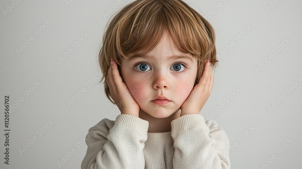 A thoughtful child with blonde hair covers their ears, displaying a curious expression against a neutral background.