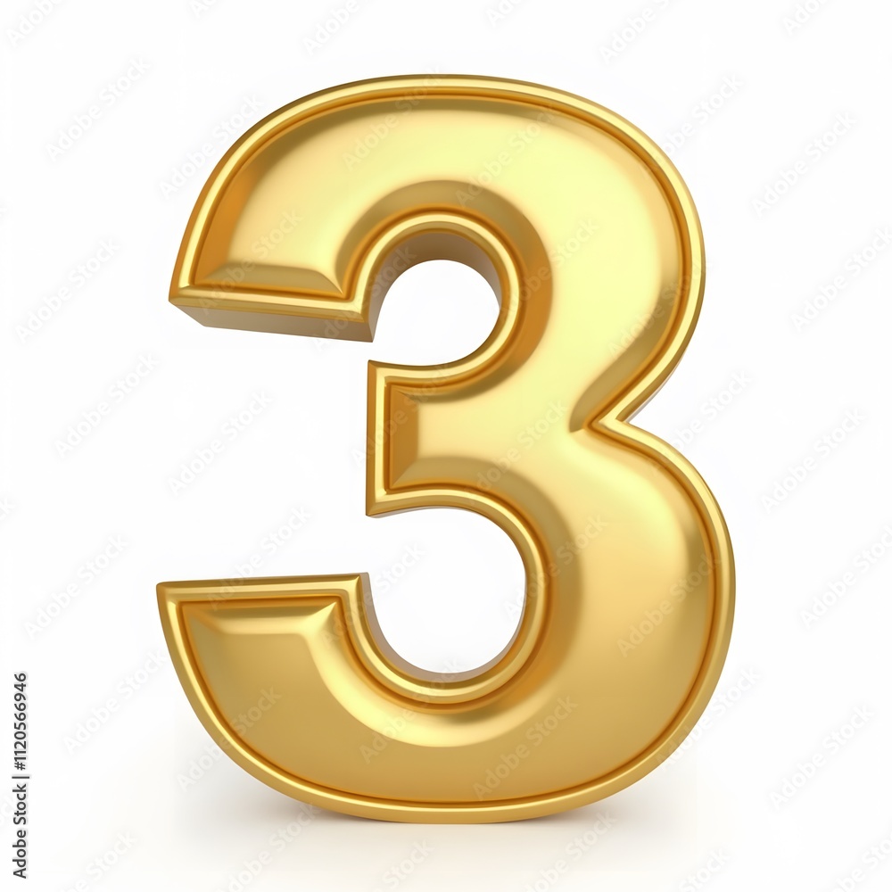 Golden Number Three - 3D Gold Number, Isolated on White Background, PNG Golden Number Three - 3D Gold Number, Isolated on White Background, PNG
